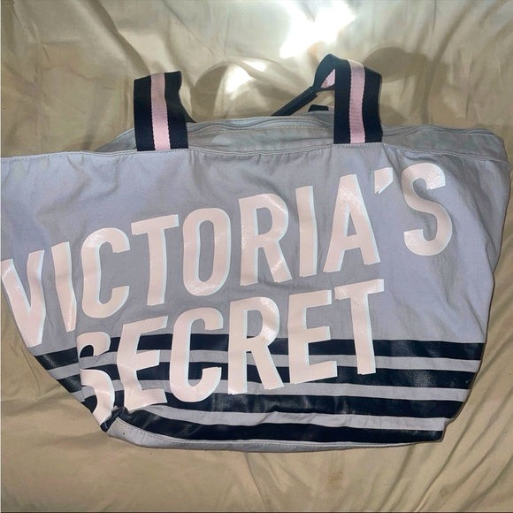 Victoria's Secret Handbags - Victoria's Secret Light Blue and Navy Striped Tote Shoulder Bag